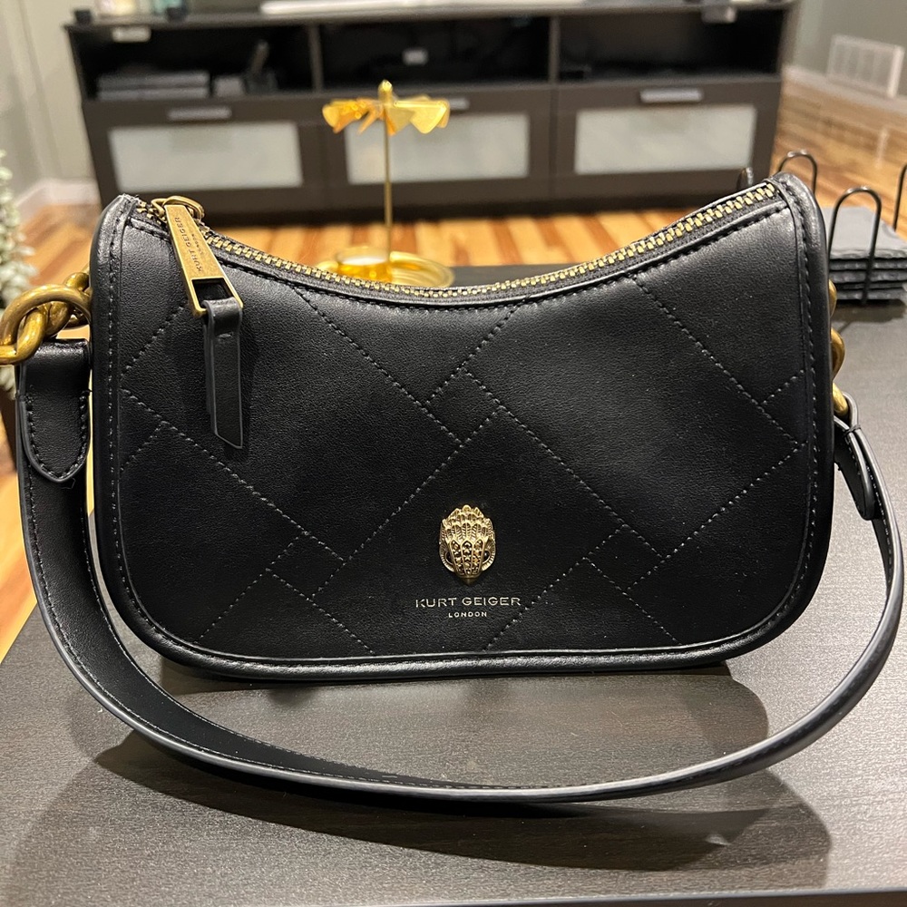 Kurt Geiger Black Quilted Shoulder Bag with Gold Lion Head Hardware